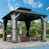 COVERONICS 10FT x 10FT Outdoor Hardtop Gazebo - Patio Cedar Wood Post Gazebo with Galvanized Steel Hardtop, Heavy-Duty Double Roof Pavilion with Netting & Curtains for Garden, Poolside, Deck, Backyard
